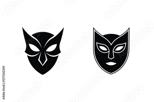 Two stylized feline masks, black, graphic design, minimalist, vector art, superhero, costume, masque