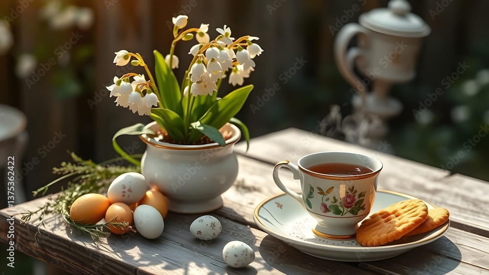 Relax di primavera, una tazza di te in giardino con mughetti in fiore