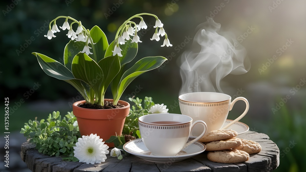 Relax di primavera, una tazza di te in giardino con mughetti in fiore