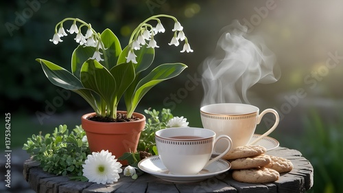 Obraz na płótnie Relax di primavera, una tazza di te in giardino con mughetti in fiore w salonie