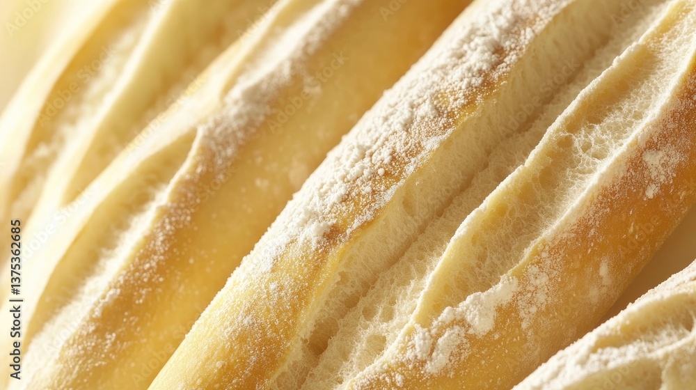 A close-up of the scoring patterns on a freshly baked baguette, dusted with flour A close-up of the scoring patterns on a freshly baked baguette, dusted with flour