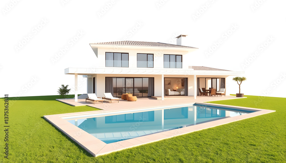 Fototapeta premium Beautiful modern house with patio and pool , with white tonespng