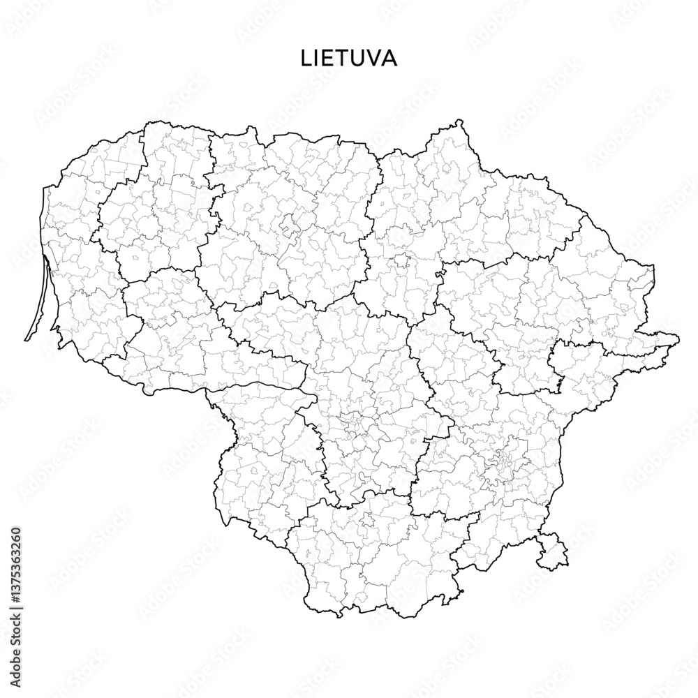 Obraz premium Geopolitical Vector Map of Lithuania (Lietuva) with Elderships (Seniūnijos), Municipalities (Savivaldybės), and Counties (Apskritys) Administrative Subdivisions as of 2025 - Lithuania