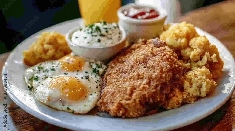 A country-style breakfast with chicken fried steak, scrambled eggs, and hash browns. A country-style breakfast with chicken fried steak, scrambled eggs, and hash browns.