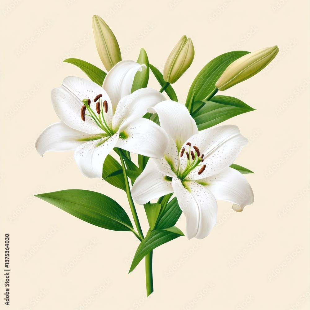 Close up of two pristine white lilies with buds and green leaves against a pale beige background. The image is detailed and has a soft, botanical illustration style. Close up of two pristine white lilies with buds and green leaves against a pale beige background. The image is detailed and has a soft, botanical illustration style.
