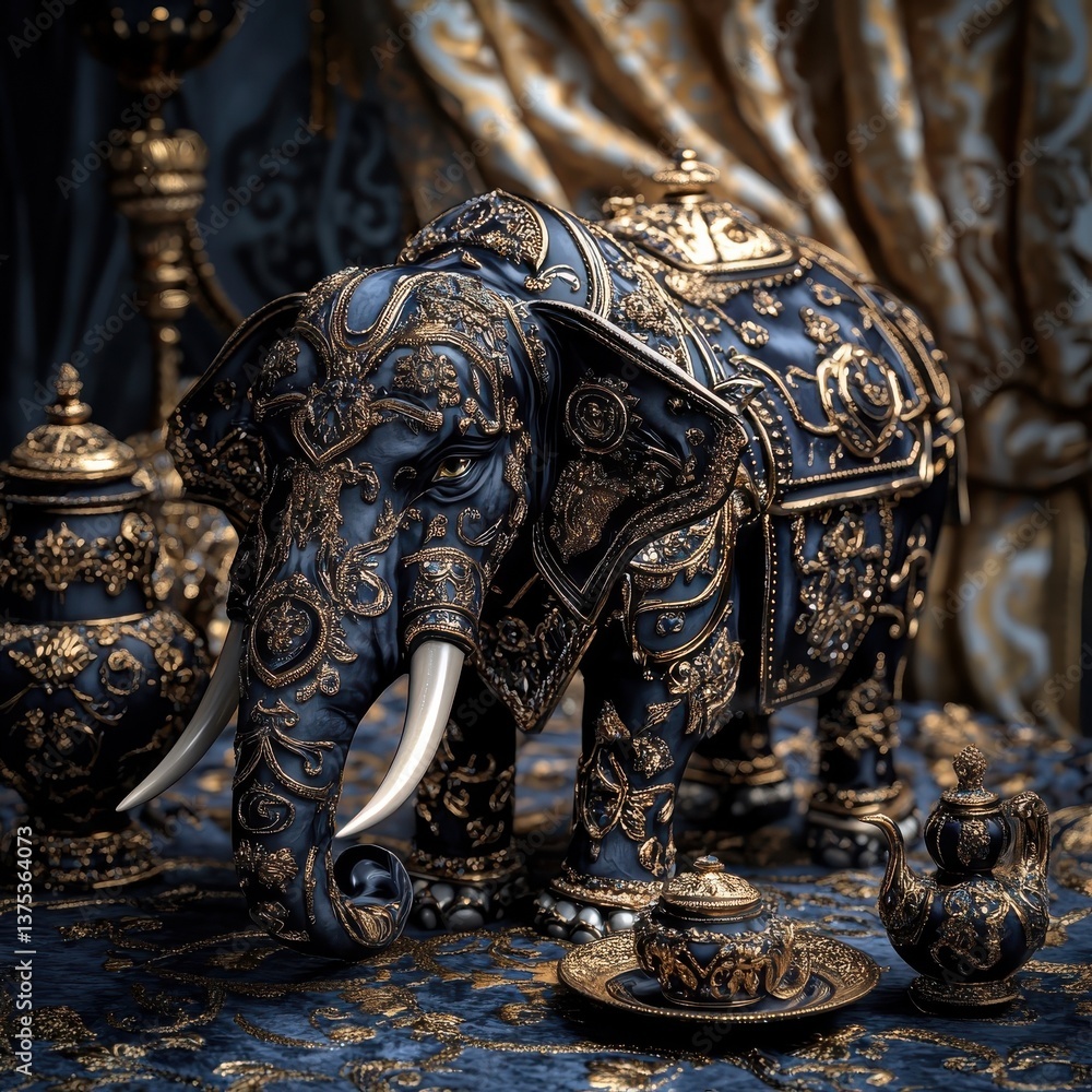 Elephant adorned with luxury, rich curtains in an opulent setting. Elephant adorned with luxury, rich curtains in an opulent setting.