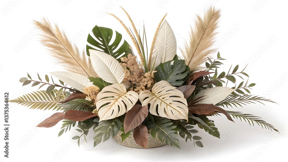 Fototapeta premium Designer Arrangement of Assorted Exotic Leaves in Neutral Tones, Isolated on a White Background, designed for modern interior styling and luxury botanical decor, Botanical Stock Image
