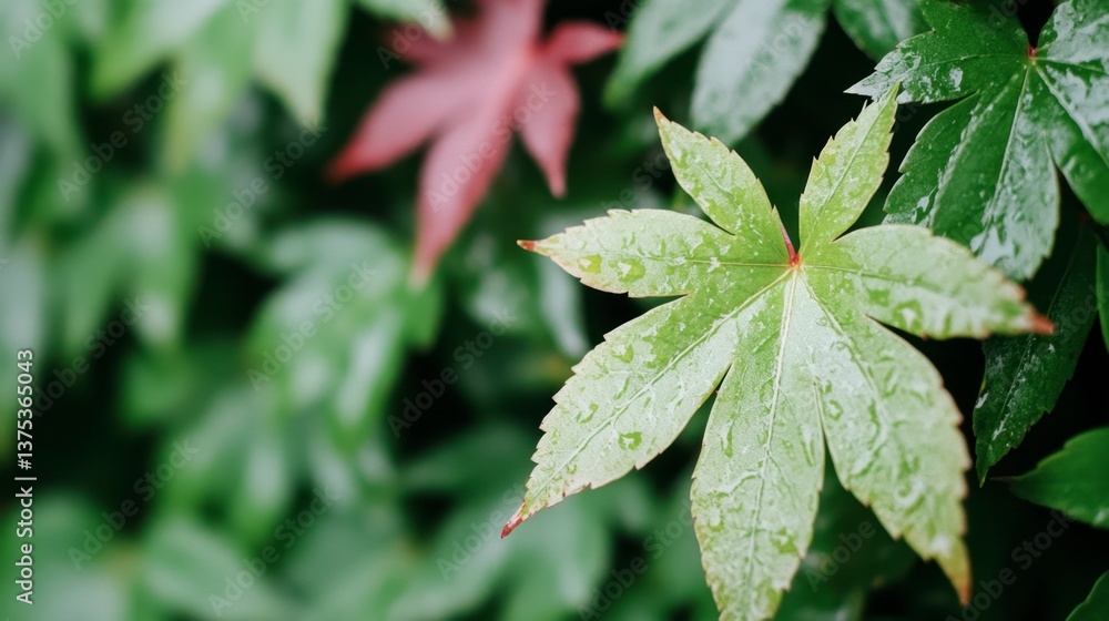 Close up view of lush green and reddish purple maple leaves with water droplets, showcasing vibrant autumn colors and textures. The image features a shallow depth of field. Close up view of lush green and reddish purple maple leaves with water droplets, showcasing vibrant autumn colors and textures. The image features a shallow depth of field.