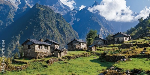 Wallpaper Mural A remote mountain village with traditional stone houses, set against a backdrop of towering peaks.  Torontodigital.ca