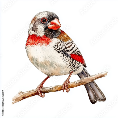 Illustration of the Zebra Finch sitting on the branch, soft watercolor tones, white background, detailed illustration, cartoonish.