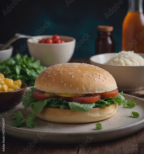 Delicious Burger Meal with Fries and Fresh Sides
