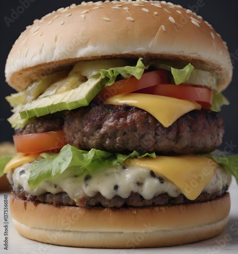 Double Cheeseburger with Fresh Vegetables on Black Background