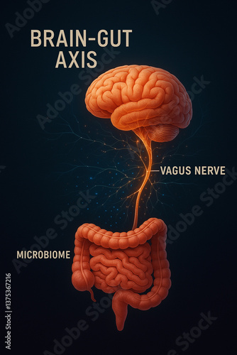 This image illustrates the brain-gut axis, highlighting the connection between the brain and the intestines through the vagus nerve and the role of the microbiome.