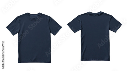 Flat lay of a navy blue t-shirt mockup, front and back view on a white background