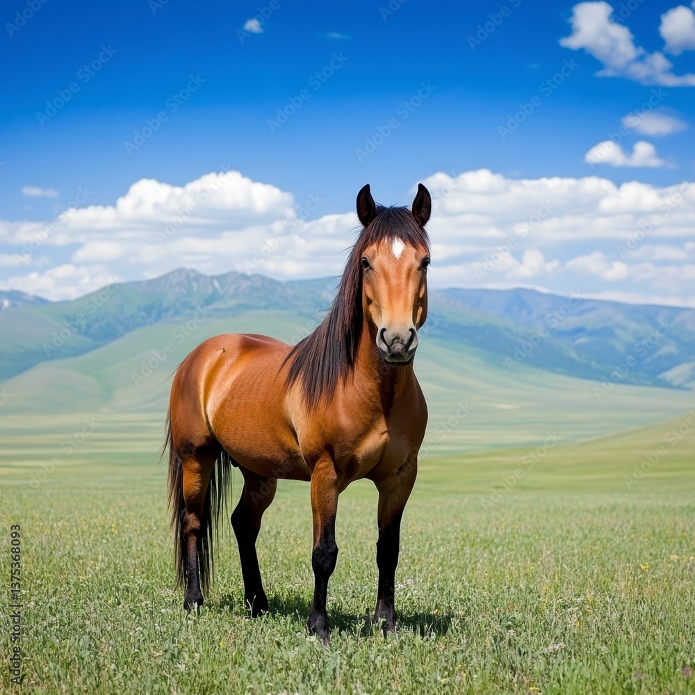 Obraz premium A brown horse stands in a lush green field under a bright blue sky with fluffy white clouds and distant mountains. 