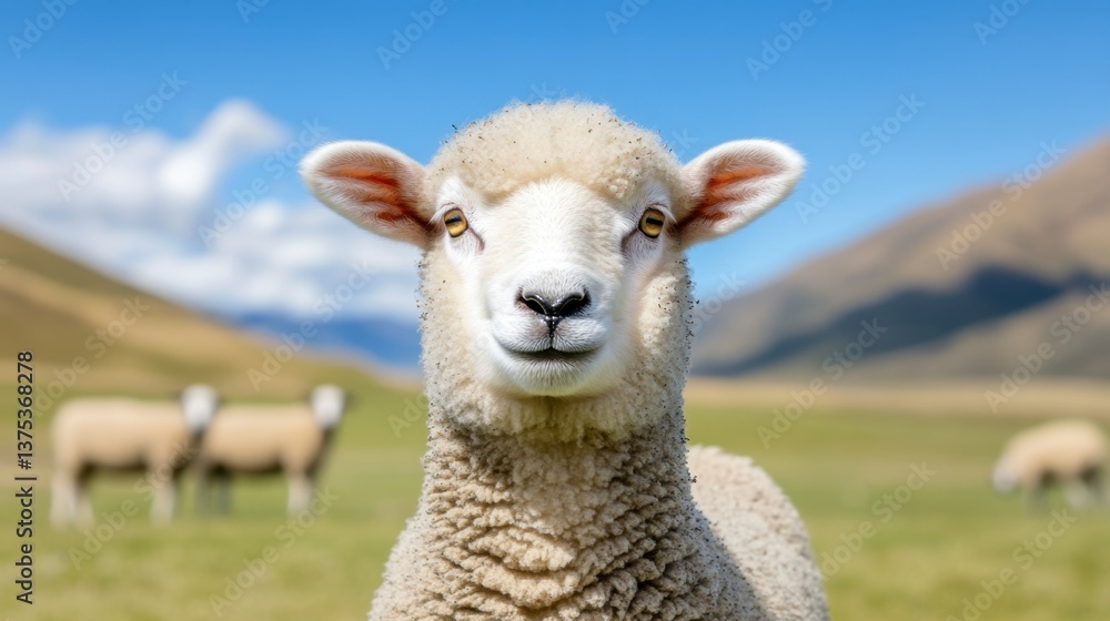 Close up of a fluffy white sheep in a green pasture with rolling hills and a bright blue sky in the background. Two other sheep are visible in the distance. Close up of a fluffy white sheep in a green pasture with rolling hills and a bright blue sky in the background. Two other sheep are visible in the distance.