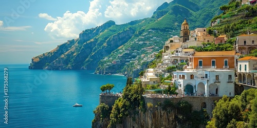 Fototapeta Naklejka Na Ścianę i Meble -  A scenic drive along the Amalfi Coast, Italy, with cliffside villages, Mediterranean views, and tourists exploring coastal towns.