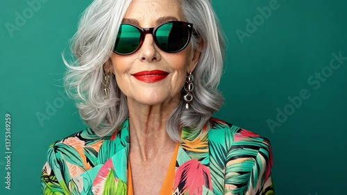 Silver-Haired Beauty in Vogue: An elegant senior woman with striking silver hair, confidently rocking sunglasses and a stylish floral blazer.