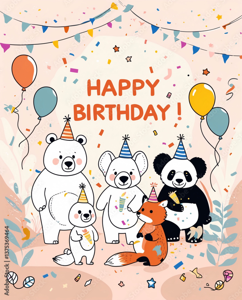 Fototapeta premium Cute illustration of colorful animals celebrating with party hats and balloons perfect for kids birthday card cheerful animal birthday design with festive party decorations for children with Text