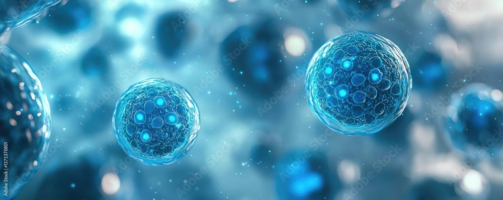 Blue exosome particles with 3D particle visualization concept. Detailed representation of microscopic cells in vibrant blue tones. Blue exosome particles with 3D particle visualization concept. Detailed representation of microscopic cells in vibrant blue tones.
