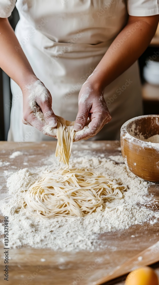 Fototapeta premium Hands making homemade pasta in a rustic kitchen setting