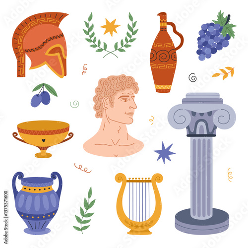 Lovely cartoon set of medieval Greece symbols, classical sculpture, pillar, ornate jars, spartan helmet, musical lyre, grape. Hand drawn trendy ancient Greek clipart for design, sticker, media, print.