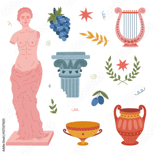 Lovely cartoon antique Greek set with medieval empire symbols, marble mythological figure, ruined pillar, ornate Hellenic amphora, harp, laurel. Hand drawn pastel colored historical Greece clipart.