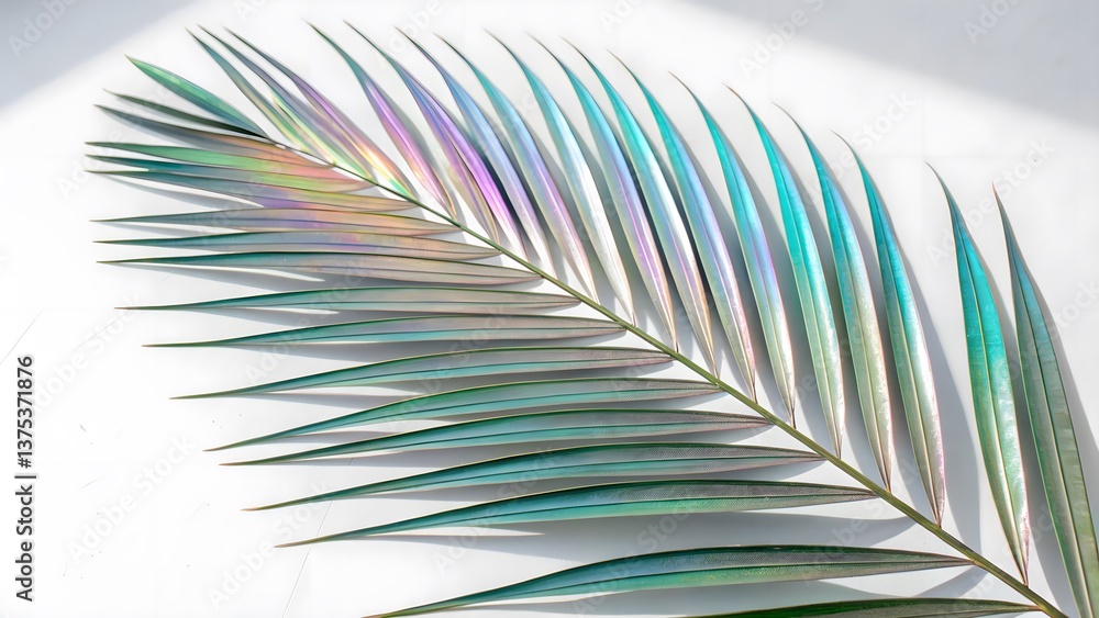 Fototapeta premium Futuristic Holographic Palm Leaf with an Iridescent Shine, Isolated on a White Background, embodying contemporary botanical aesthetics and futuristic design, Modern Nature-Inspired Stock Image