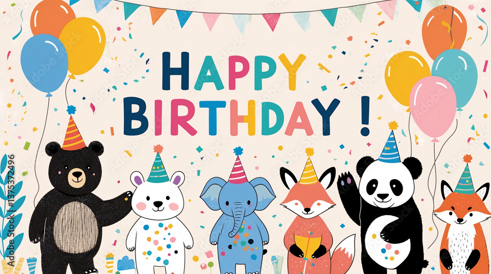 Illustrated animals with party hats and balloons in a joyful birthday celebration perfect for childrens birthday cards fun creative and colorful birthday party decorations with Text Illustrated animals with party hats and balloons in a joyful birthday celebration perfect for childrens birthday cards fun creative and colorful birthday party decorations with Text