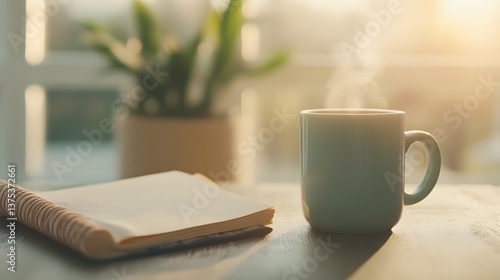Morning routine with coffee journal and yoga mat