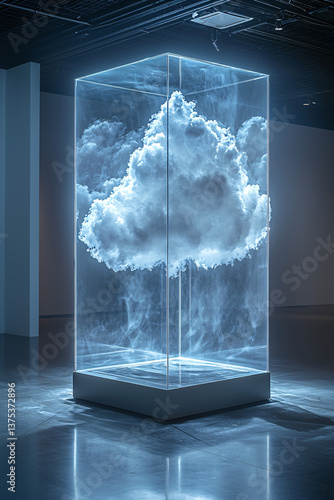 A small museum display case with a sleek glass enclosure, inside which a single, fluffy white cloud is mysteriously suspended, as if gently floating in mid-air.