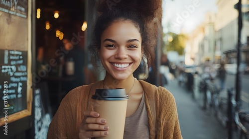 Smiling woman holding coffee on a city street