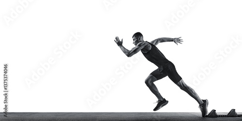 Obraz na płótnie Dynamic photo of young athletic man, professional runner runs up quickly in action against white studio background
