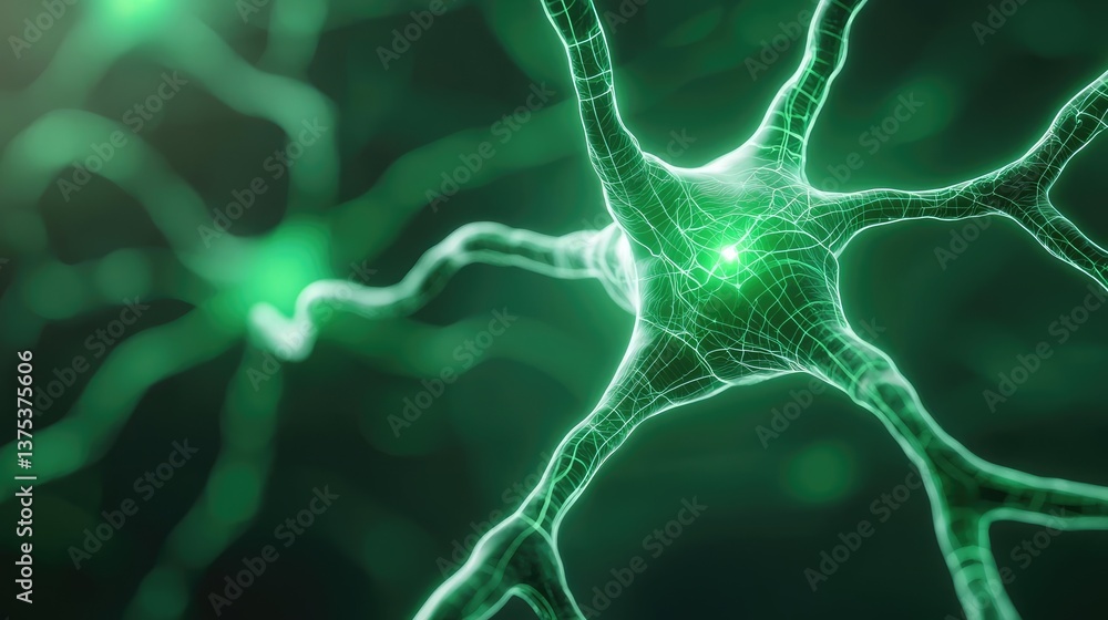 Cyberpunk biotech in high-tech sci-fi nature fusion concept. Close-up of a neuron highlighting its intricate network structure. Cyberpunk biotech in high-tech sci-fi nature fusion concept. Close-up of a neuron highlighting its intricate network structure.