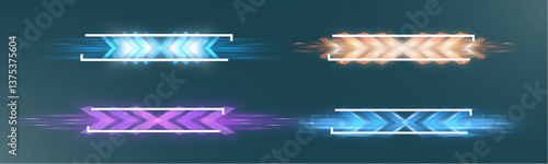 Futuristic glowing neon arrows with motion blur effect in different colors on dark background.
