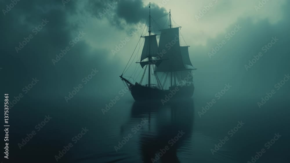 Mysterious Ship Sailing Through Foggy Waters at Dawn, Creating an Enigmatic Atmosphere of Adventure and Exploration in the Misty Horizon Mysterious Ship Sailing Through Foggy Waters at Dawn, Creating an Enigmatic Atmosphere of Adventure and Exploration in the Misty Horizon
