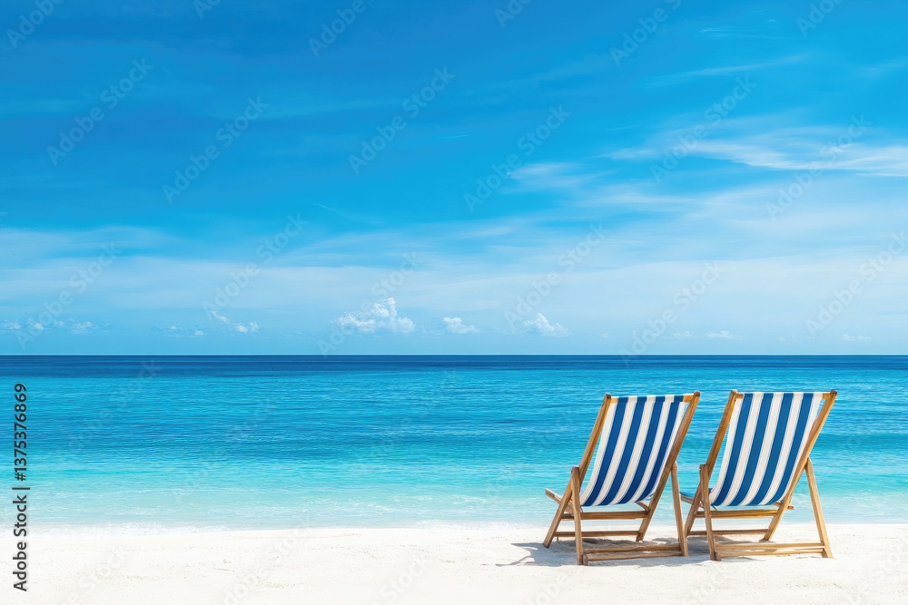 Tranquil beach escape: Two inviting striped beach chairs await on a pristine white sand beach under a vibrant blue sky, promising relaxation and serenity. Tranquil beach escape: Two inviting striped beach chairs await on a pristine white sand beach under a vibrant blue sky, promising relaxation and serenity.