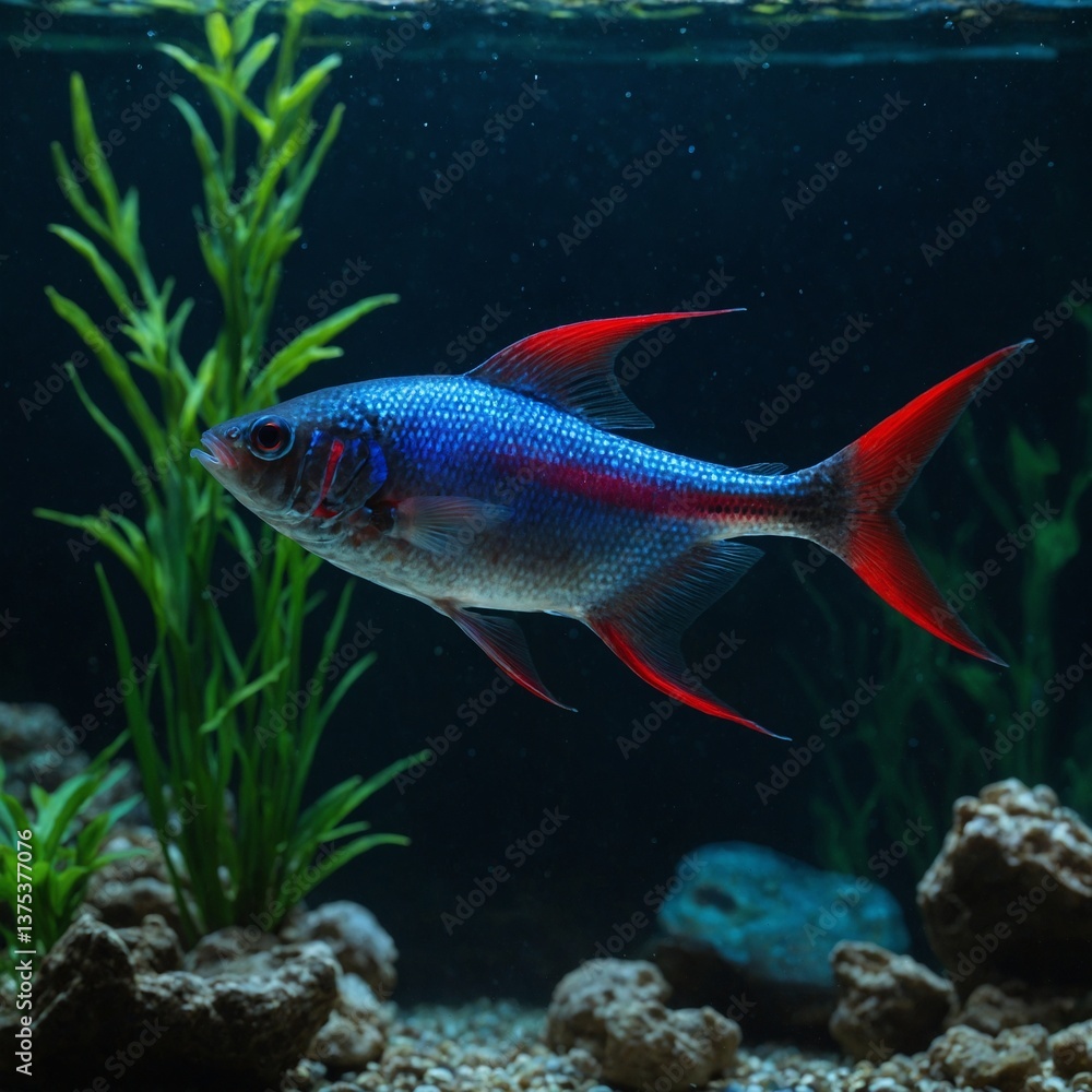 Naklejka premium Neon Tetra Shimmering in the Tanks Depths