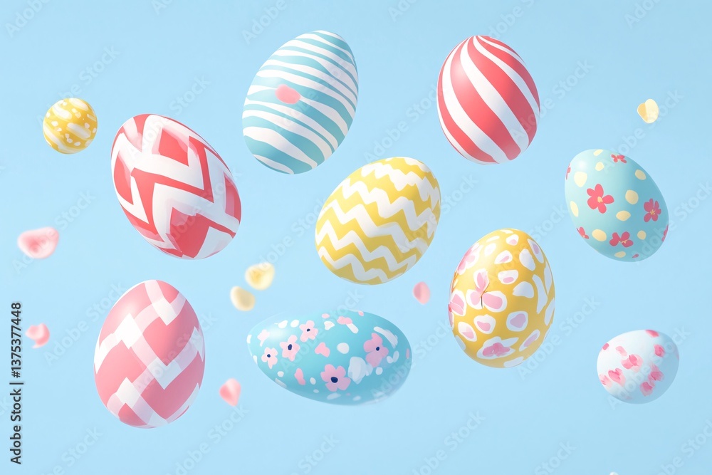 Fototapeta premium Pastel Easter eggs joyfully float against a light blue sky, a whimsical celebration of spring's gentle arrival in a soft, dreamy style.
