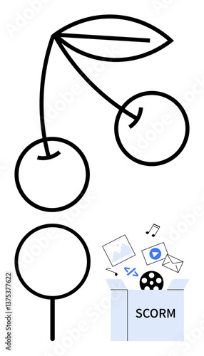 Stylized cherries with thin black lines paired with SCORM box holding videos, images, and emails, representing e-learning, content curation, and resource management. Ideal for e-learning, education