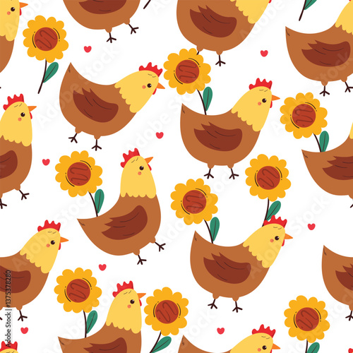 seamless pattern cute cartoon chicken and flower. cute animal pattern and wallpaper