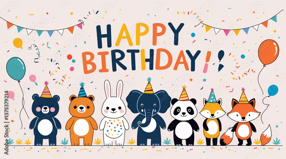 Fototapeta premium Colorful animal characters in a birthday celebration with balloons and party hats creating a lively and fun atmosphere perfect for childrens birthday card and party designs with Text