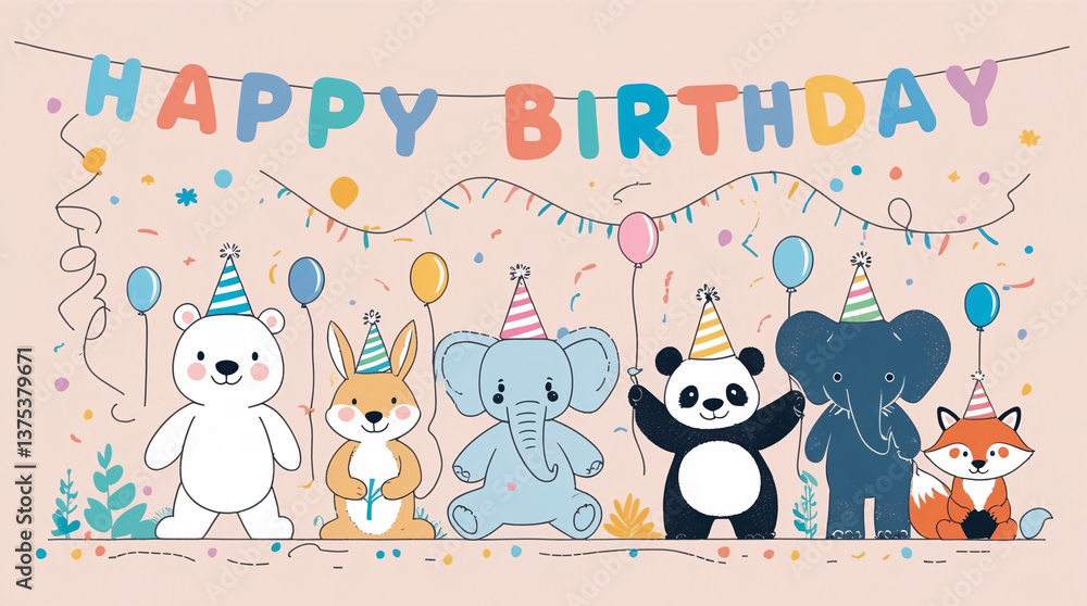 Obraz premium Colorful animals celebrating birthday with balloons and party hats fun and playful birthday card designs perfect for kids birthday celebrations with cheerful party decorations with Text