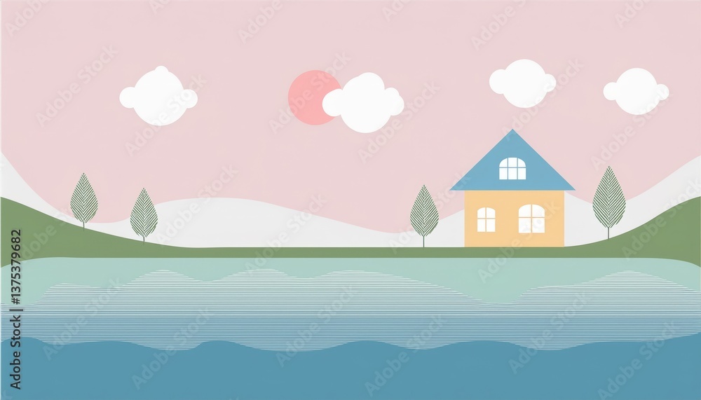 Naklejka premium minimalism, simple abstract vector illustration with a house and a river bank