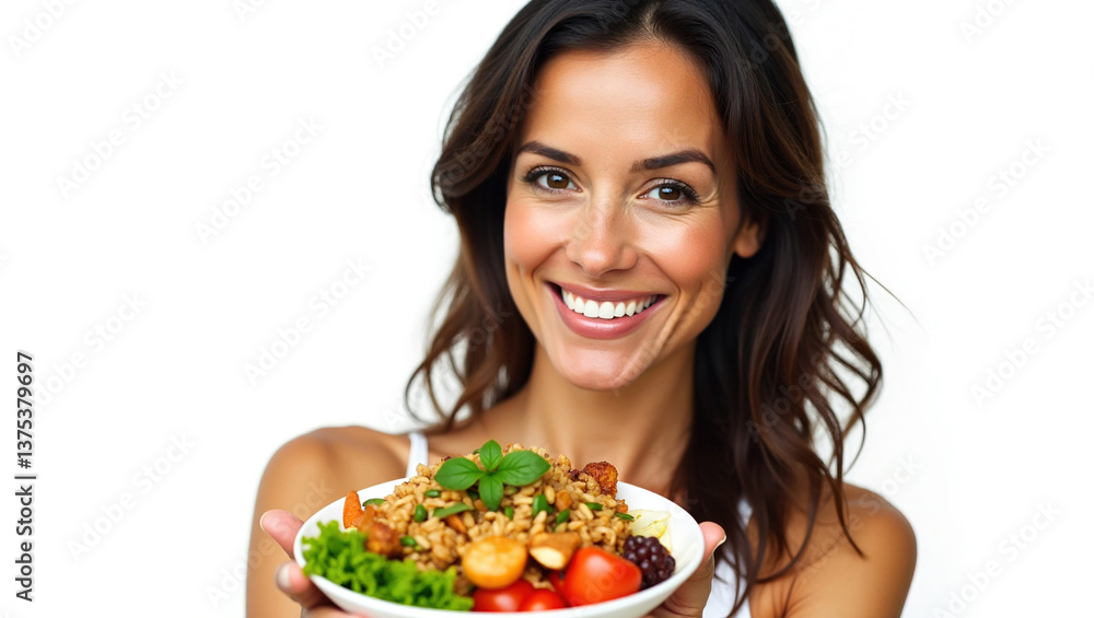 Woman holding healthy proper diet dish, copy space, proper nutrition Woman holding healthy proper diet dish, copy space, proper nutrition