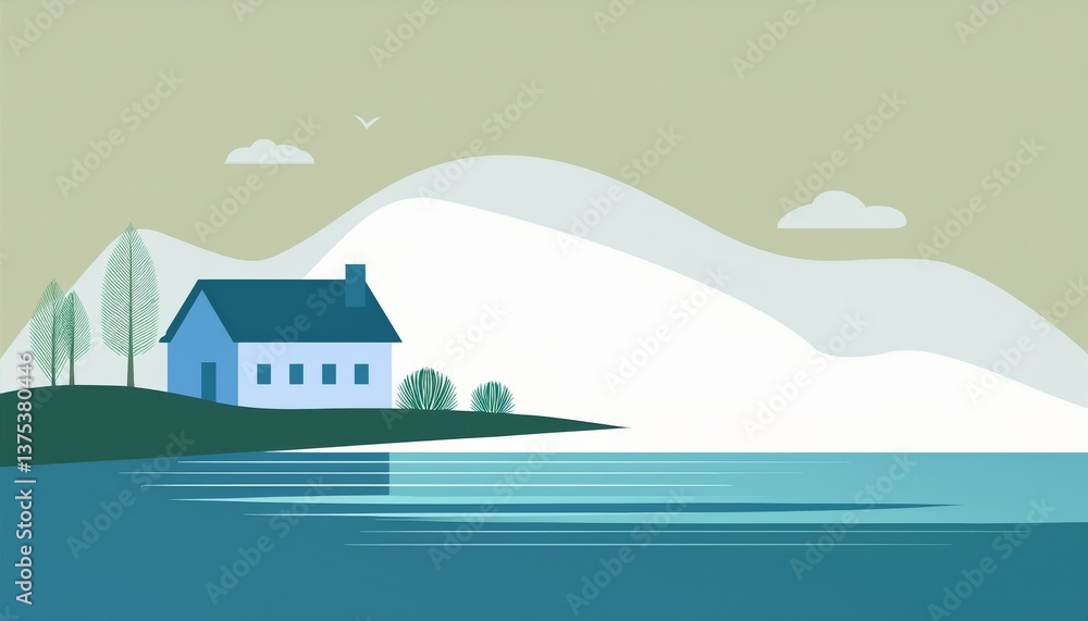 minimalism, simple abstract vector illustration with a house and a river bank minimalism, simple abstract vector illustration with a house and a river bank