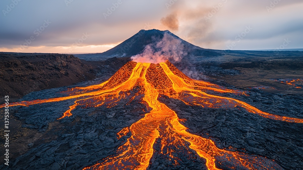 Fototapeta premium Erupting volcano creates rivers of molten lava in a majestic landscape viewpoint