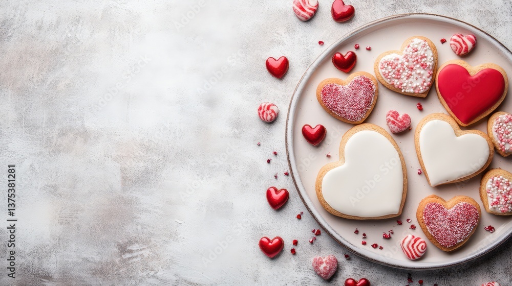 Naklejka premium Delicious heart shaped treats on a plate with decorations everywhere