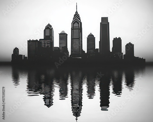 Philadelphia Skyline Silhouette Modern Minimalist Art Design Black White, Reflection Ambient Lighting Gradient Background