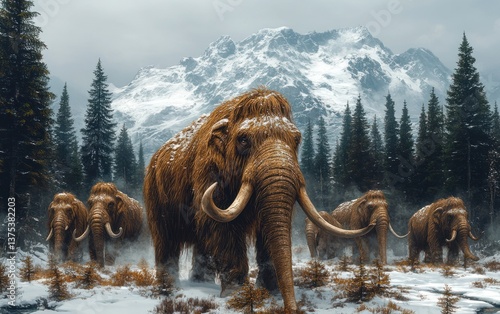 Majestic Woolly Mammoths in Serene Prehistoric Landscape with Pine Trees and Snowy Mountains